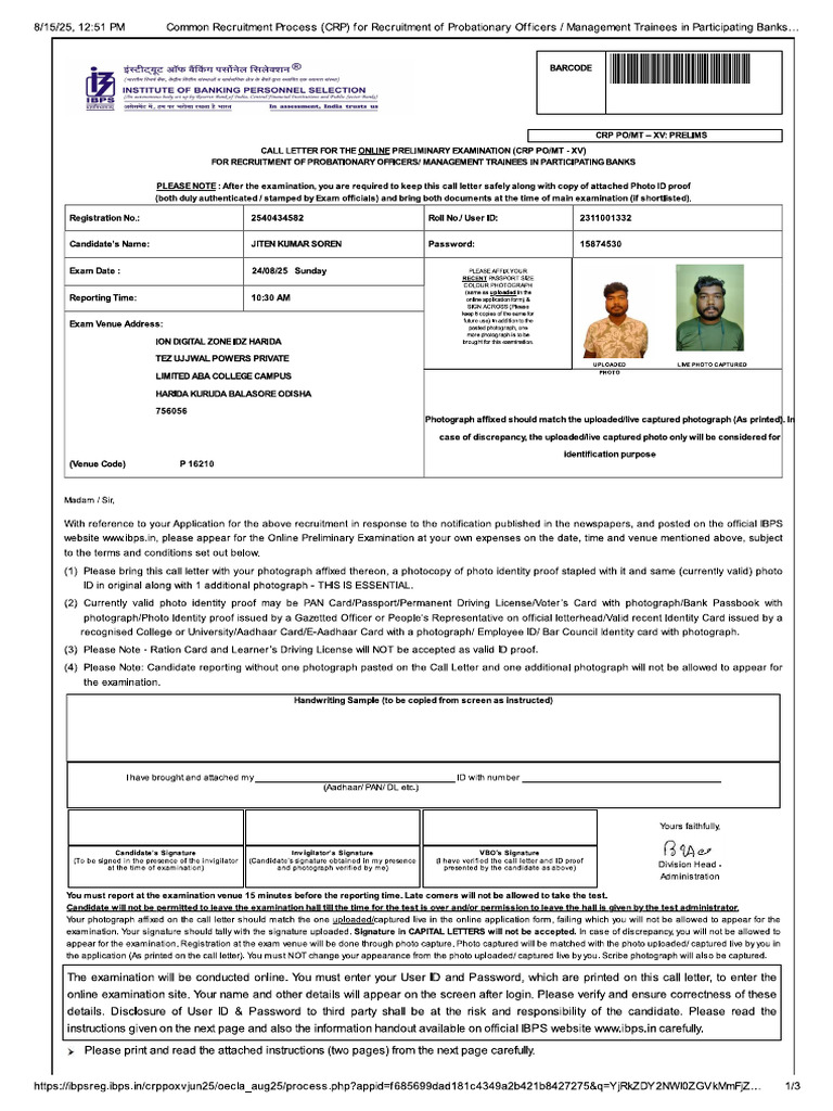 Ibps Po Call Letter | PDF