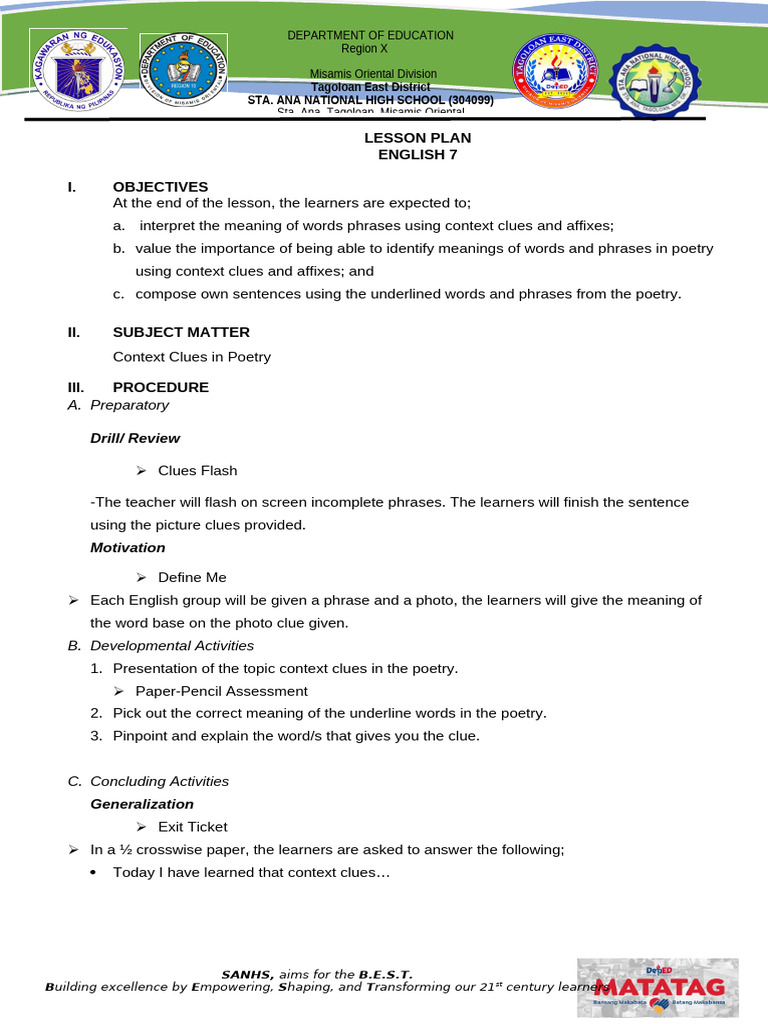 Lesson Plan Demo English 7 | PDF | Learning | Lesson Plan