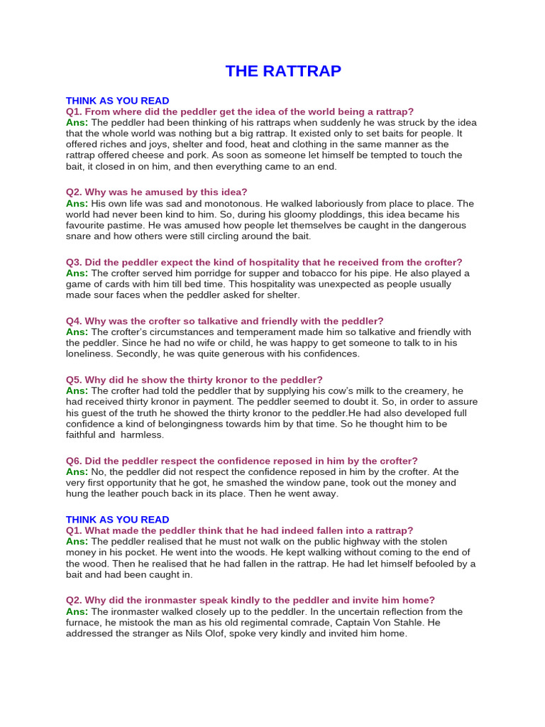 THE RATTRAP QUESTION ANSWER imp for 2027 boards | PDF | Loneliness ...