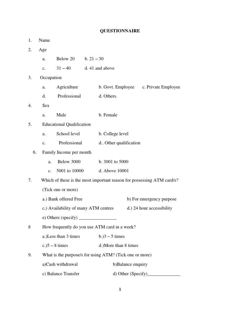 Atm Questionnaire | PDF | Automated Teller Machine | Payments