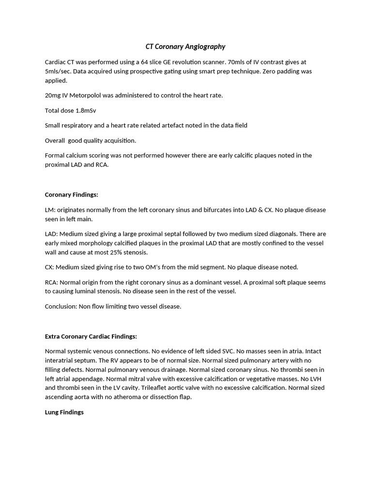 CT Coronary Angiography Report Template | PDF