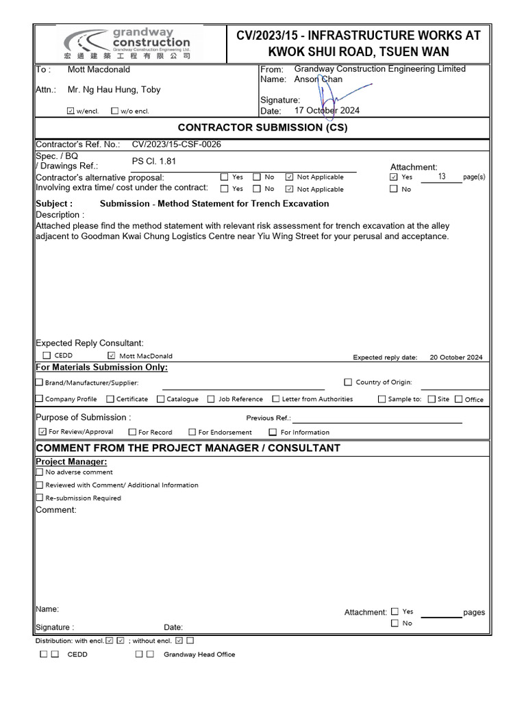 CSF0026 - Method Statement For Trench Excavation | PDF | Personal ...