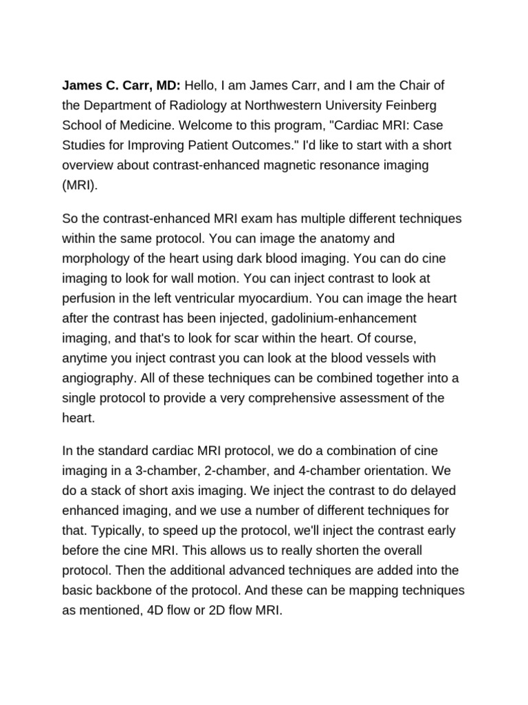 Cardiac MRI Imaging Transcript | PDF | Heart | Magnetic Resonance Imaging