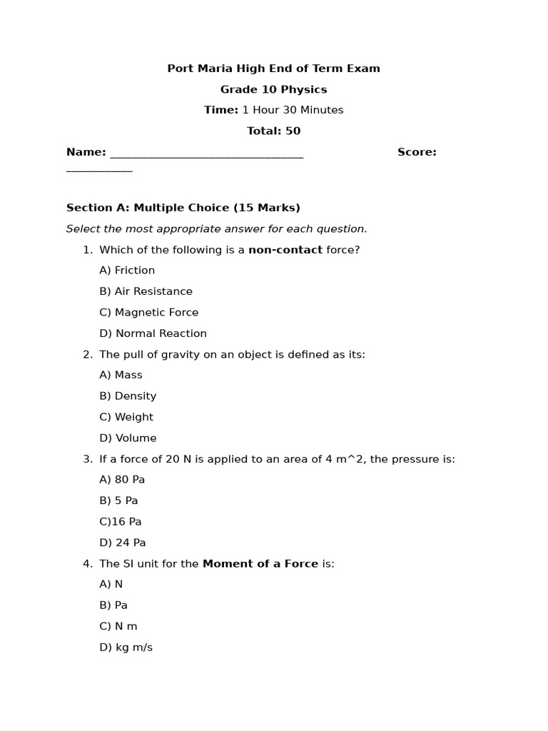 Grade 10 Physics End of Term Exam | PDF | Force | Pressure