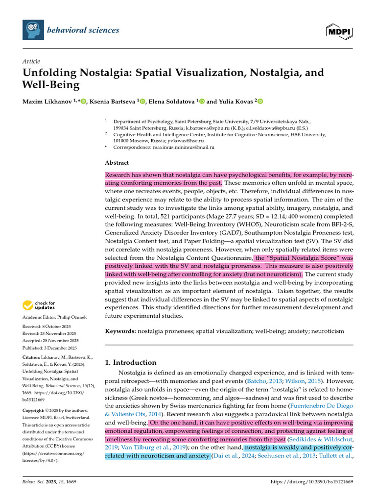 Unfolding Nostalgia Spatial Visualization, Nostalgia, and Well-Being ...