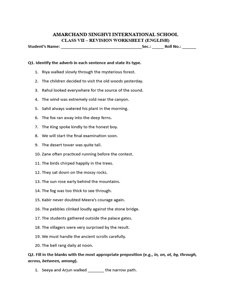 Revision Worksheet - Grade 7 | PDF