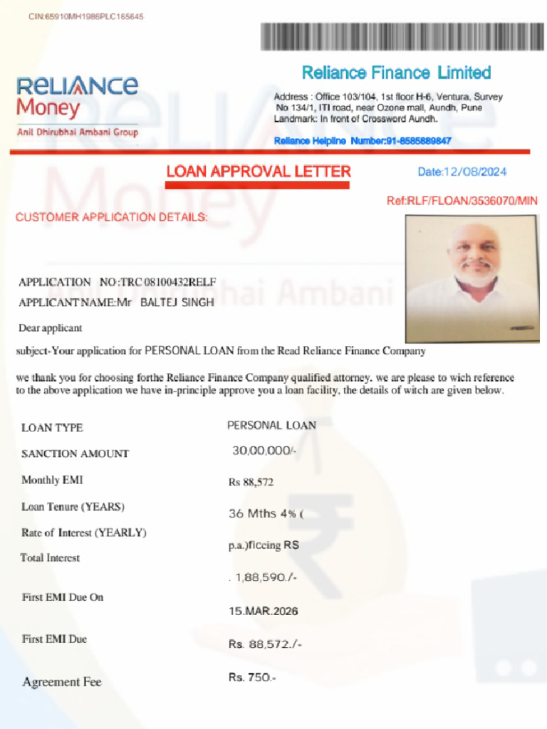 Reliance Finance Approval Letter PDF | PDF