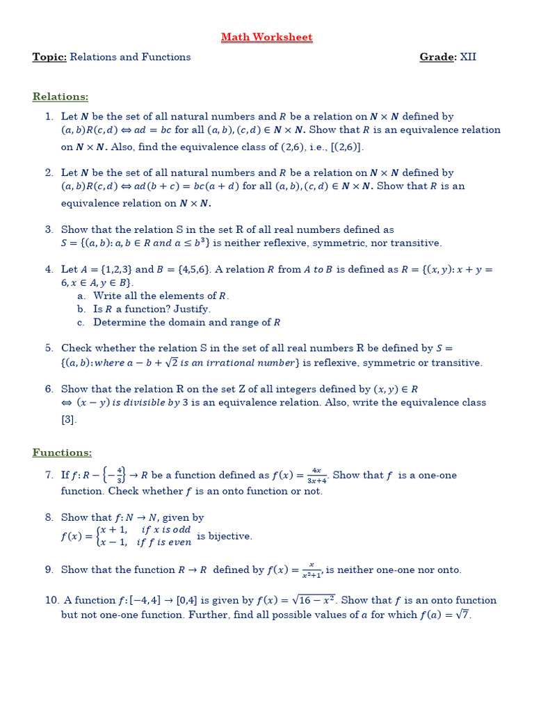 Class12 - Relations and Functions - Math Worksheet | PDF | Function ...