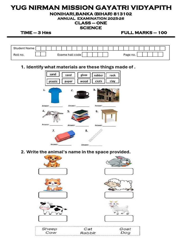 Class - 1 Science | PDF