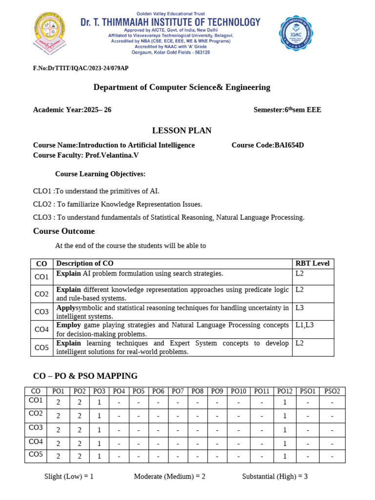 Bai654d Lesson Plan 6th Eee | PDF | Artificial Intelligence ...