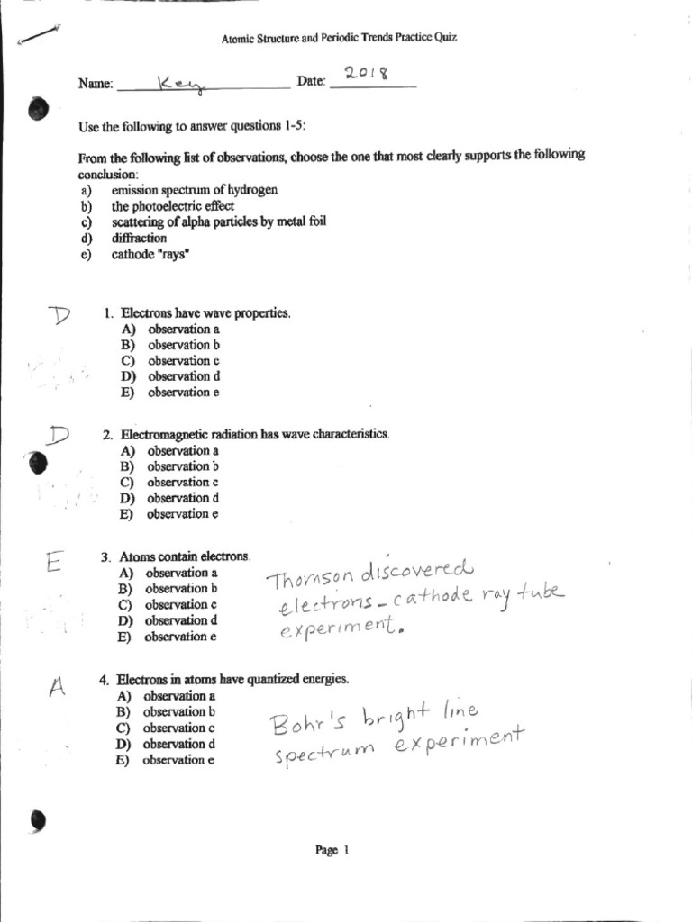 Practice Multiple Choice Atomic Structure and Periodic Trends - Key | PDF