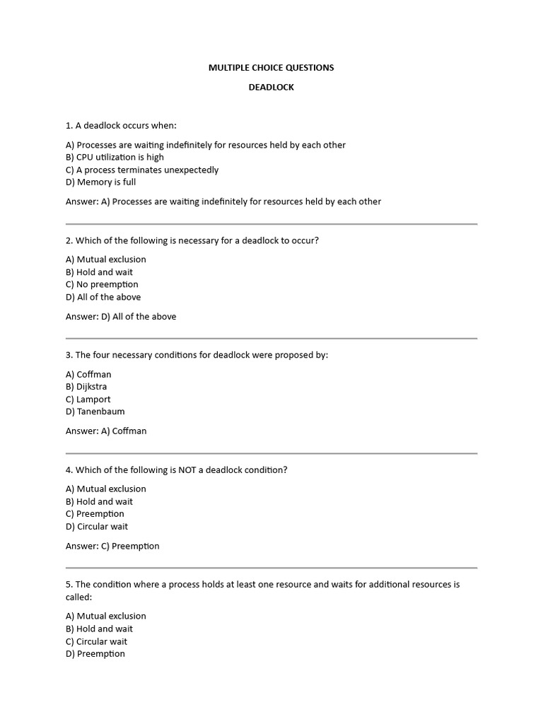 MULTIPLE CHOCE QUESTIONS - DEADLOCK | PDF | Concurrency (Computer Science)