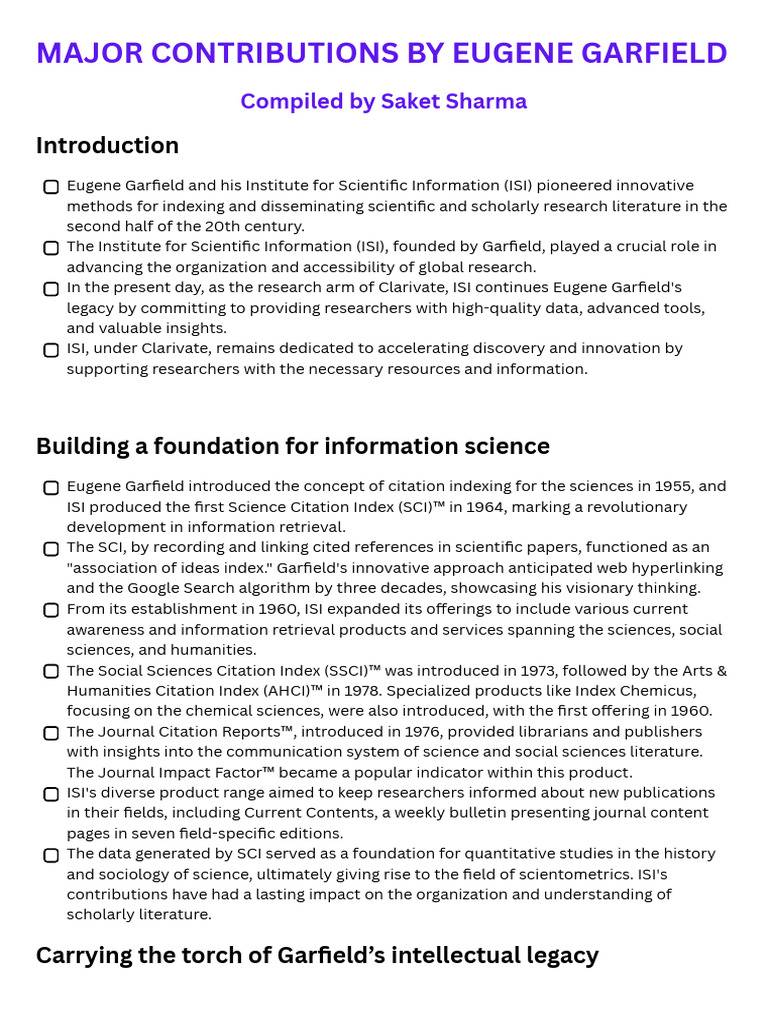 Major Contributions of Eugene Garfield | PDF | Scholarly Communication ...