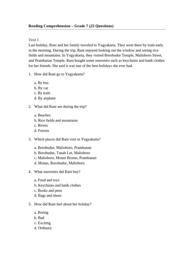 Reading Comprehension Grade7 Student | PDF