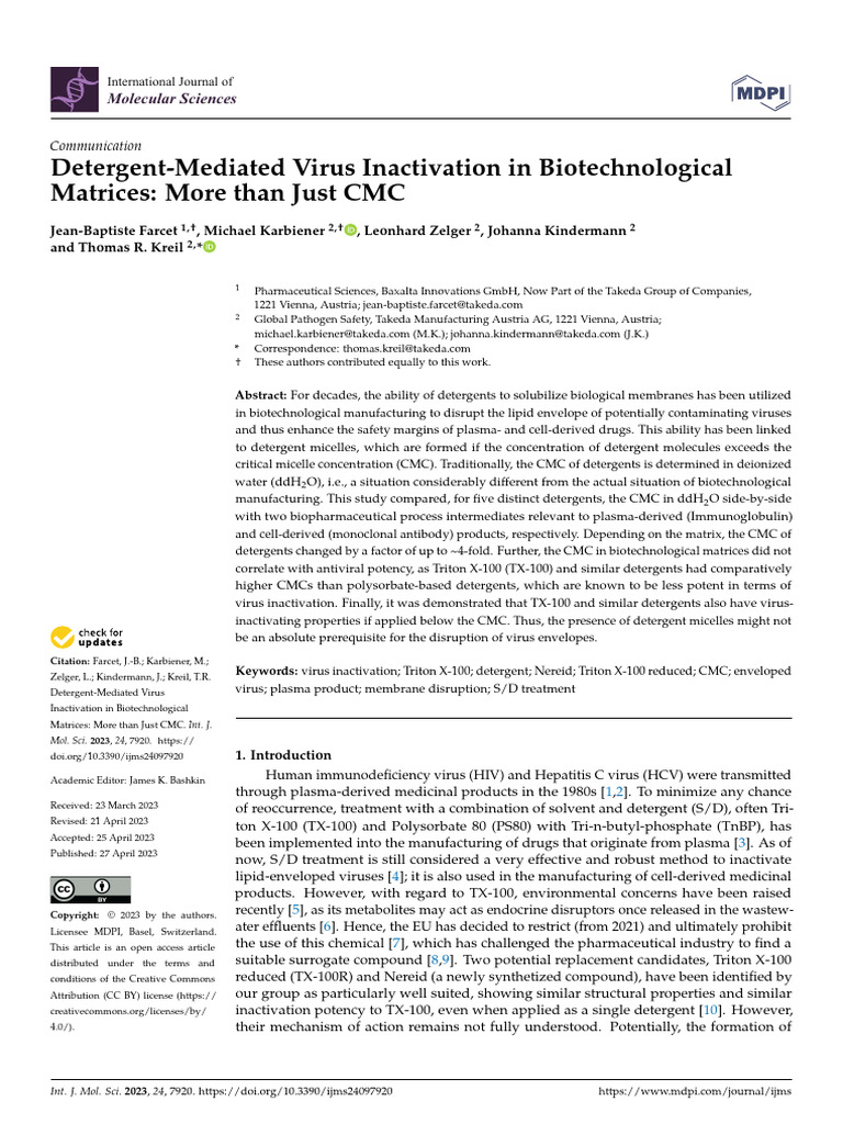 Detergent Mediated Virus Inactivation in Biotechnological Matrice ...