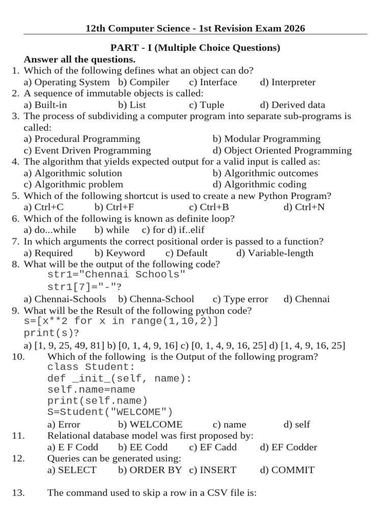 First Revison QP | PDF | Parameter (Computer Programming) | Python ...