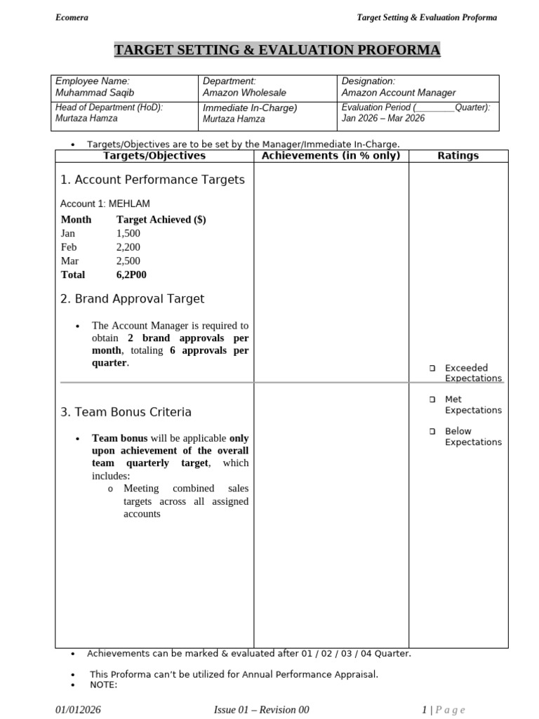 Target Setting & Evaluation Proforma - Saqib Q1 Jan-Mar | PDF | Business