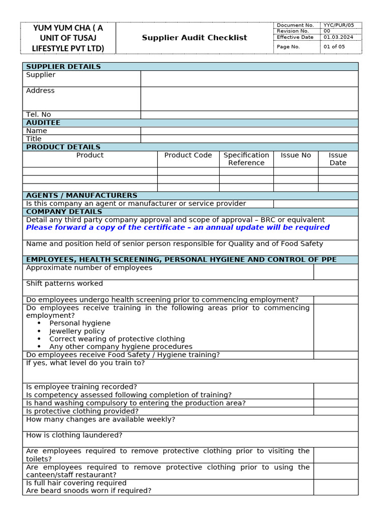 Supplier Audit Checklist | PDF | Personal Protective Equipment ...