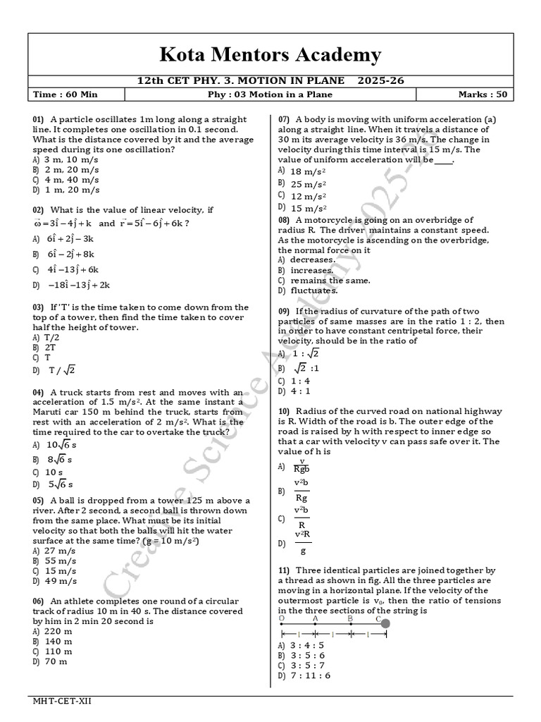 11th Cet Phy 3 Motion in Plane Paper Kota | PDF | Acceleration | Force