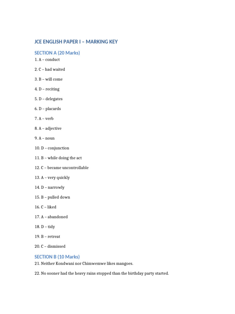 JCE English Paper1 Marking Key | PDF