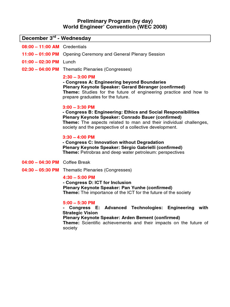 Preliminary Program (By Day) World Engineer' Convention (WEC 2008 ...