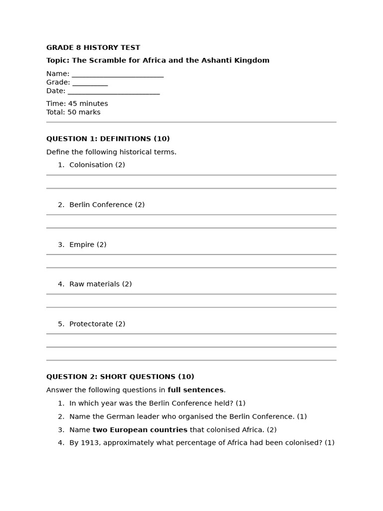 Grade 8 History Test | PDF | Africa