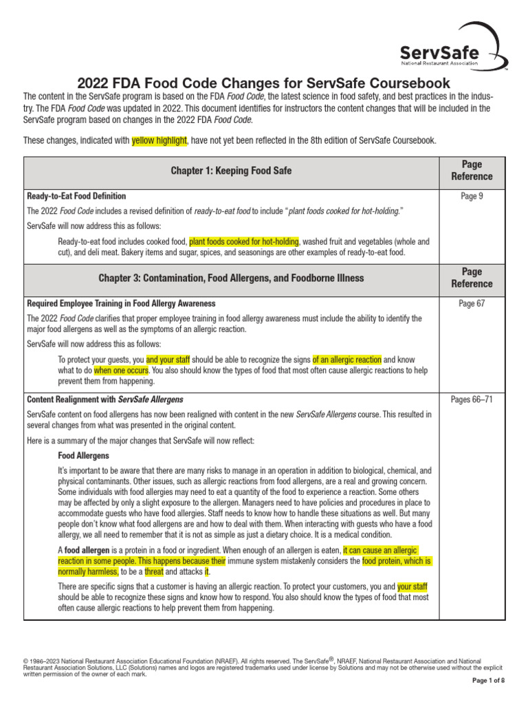SSCB8E - 2022 Food Code - Instructor Change Document | PDF | Food ...