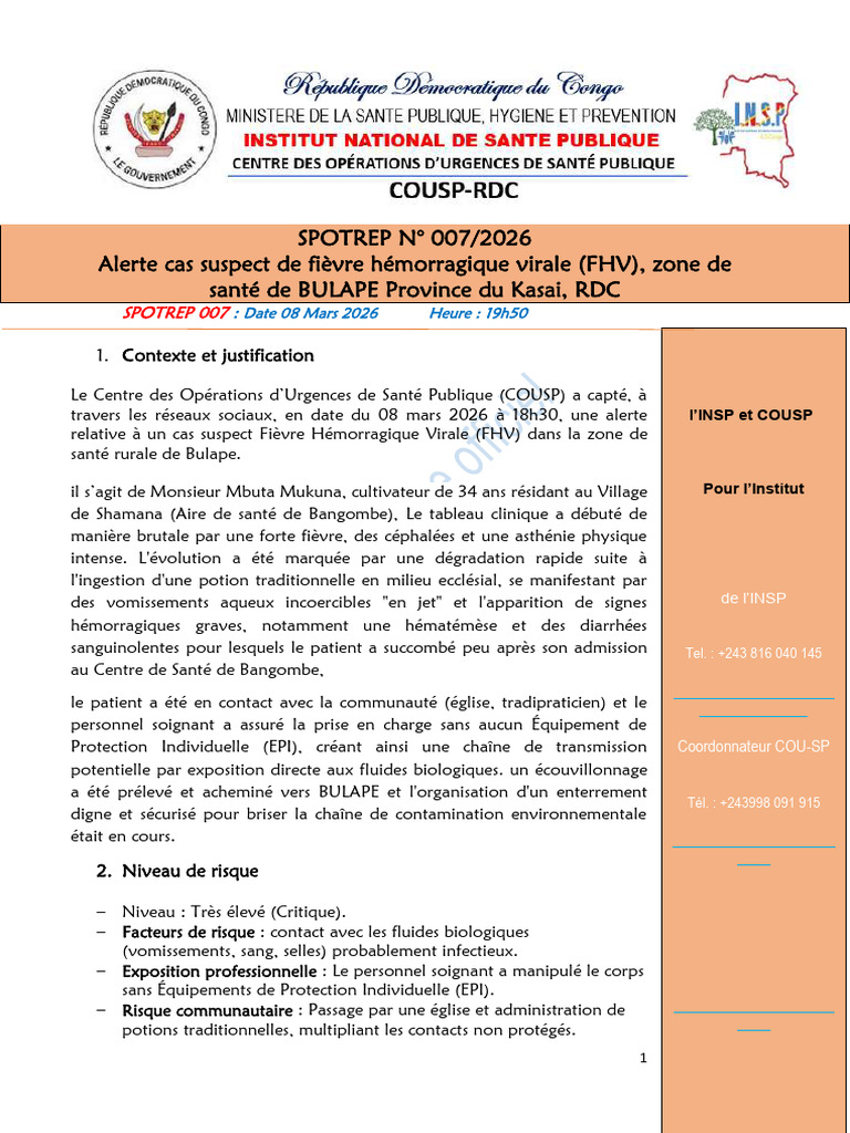 SPOTREP 007 - 2026 Alerte Cas Suspect de La FHV Bulape | PDF ...