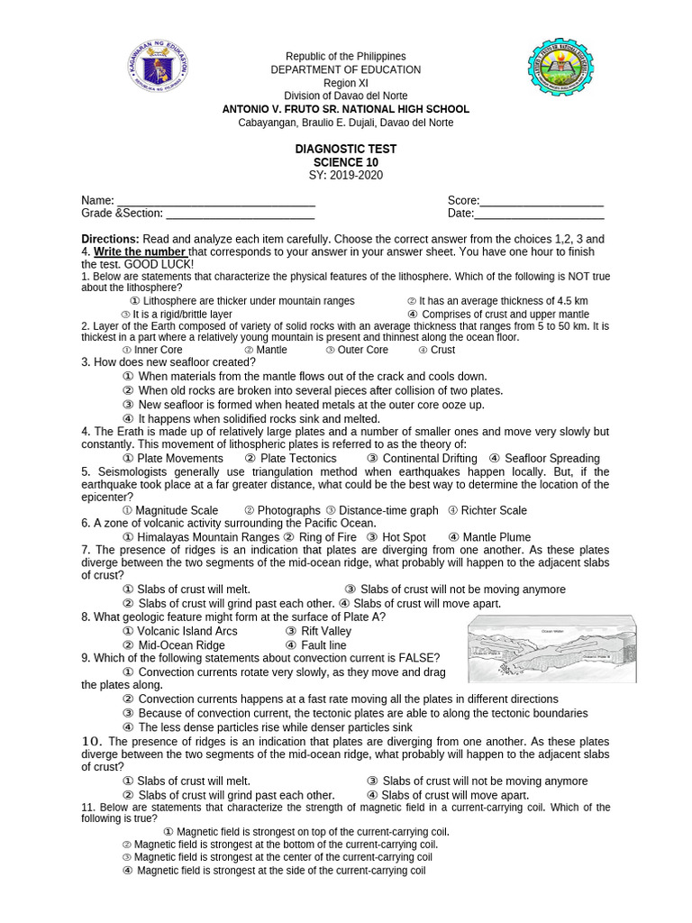 DIAGNOSTIC TEST Science 10 | PDF | Plate Tectonics | Gases