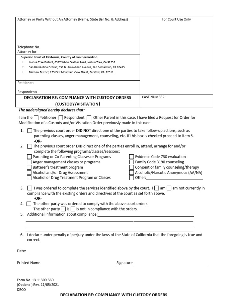 Declaration Re: Compliance With Custody Orders (Custody/Visitation | PDF