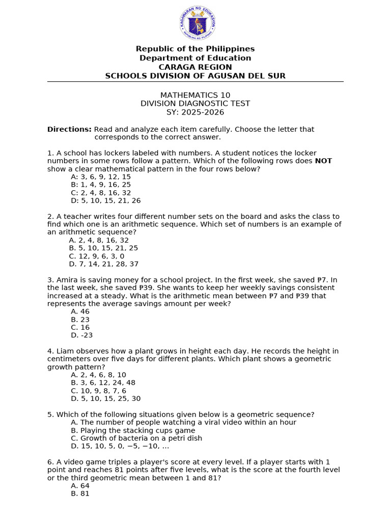 Math 10 Division Diagnostic Test Miro | PDF | Quartile | Median