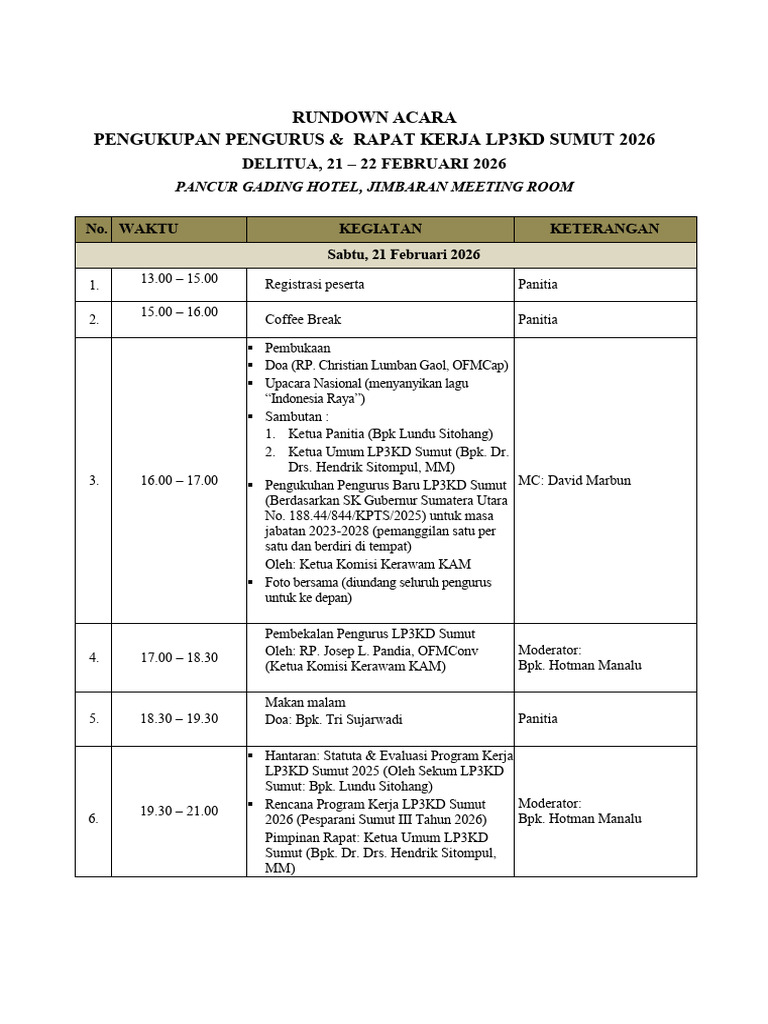 Rundown Acara Raker Lp3kd Sumut 2026 | PDF