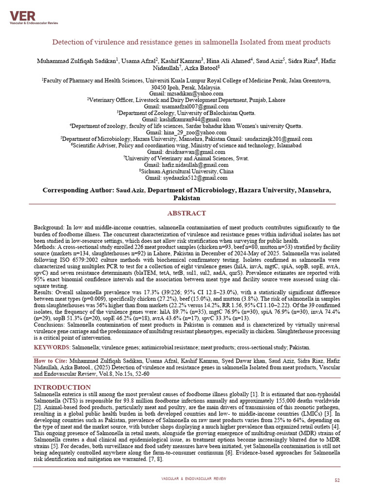 Detection of Virulence and Resistance Genes in Salmonella Isolated From ...