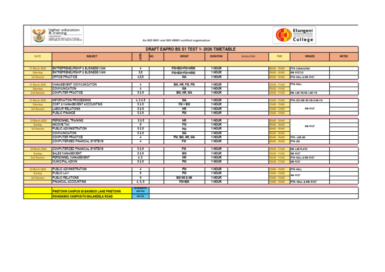 Draft Bs s1 26 Test 1 Timetable v2 | PDF