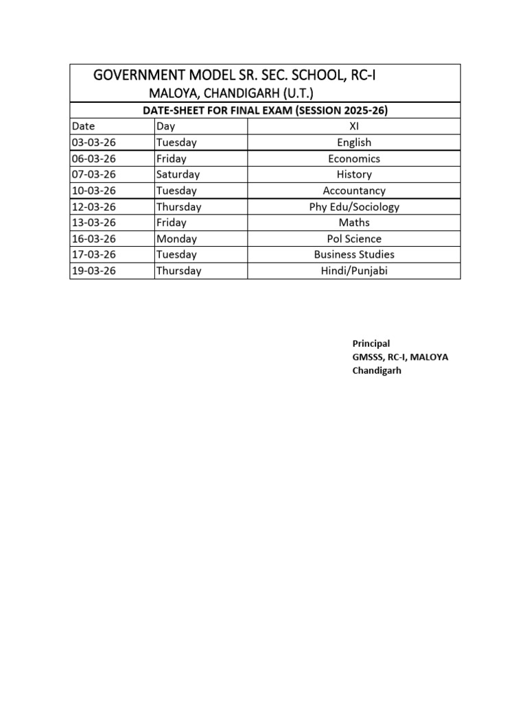 Date Sheet Final Exam 2025-26 | PDF