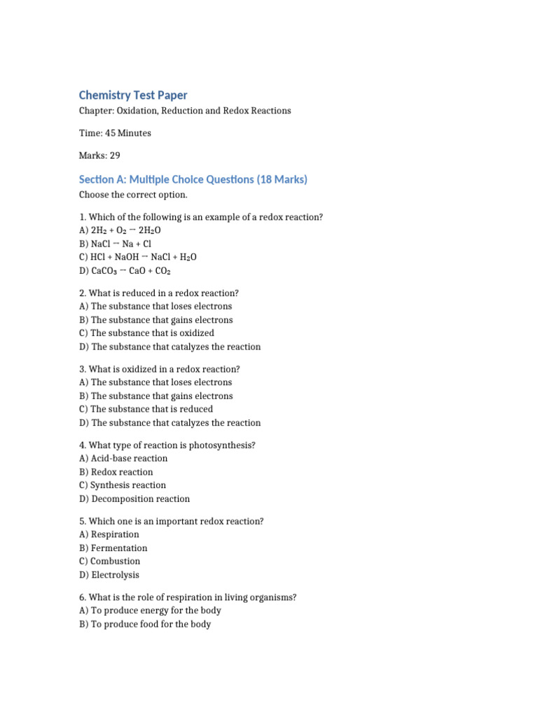Chemistry Redox Test Paper | PDF | Redox | Chemical Reactions