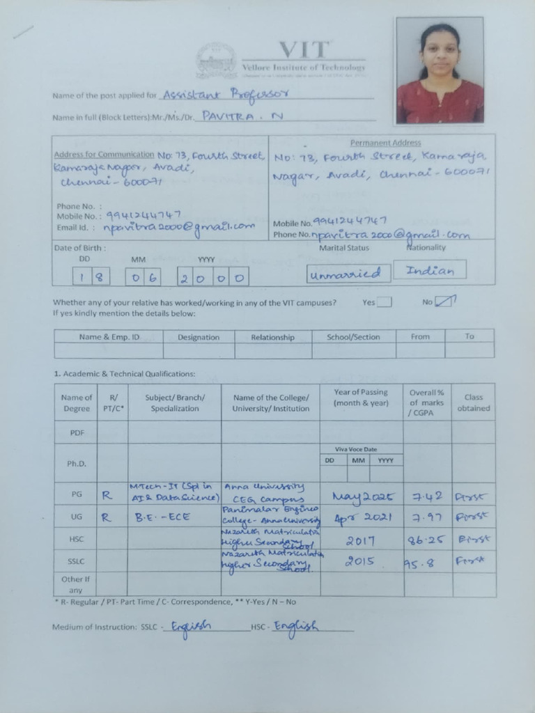 Vit Application Form Pavitra | PDF