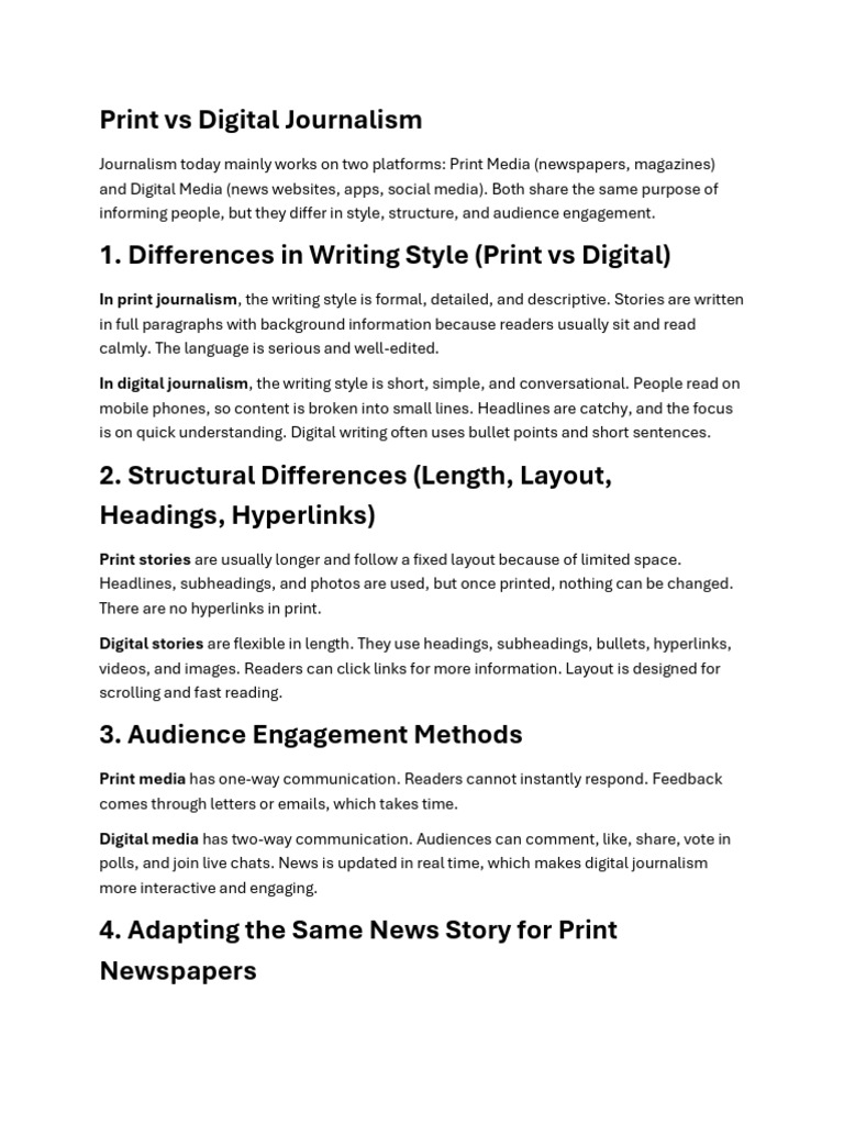 Print Vs Digital Journalism | PDF | Journalism | Page Layout