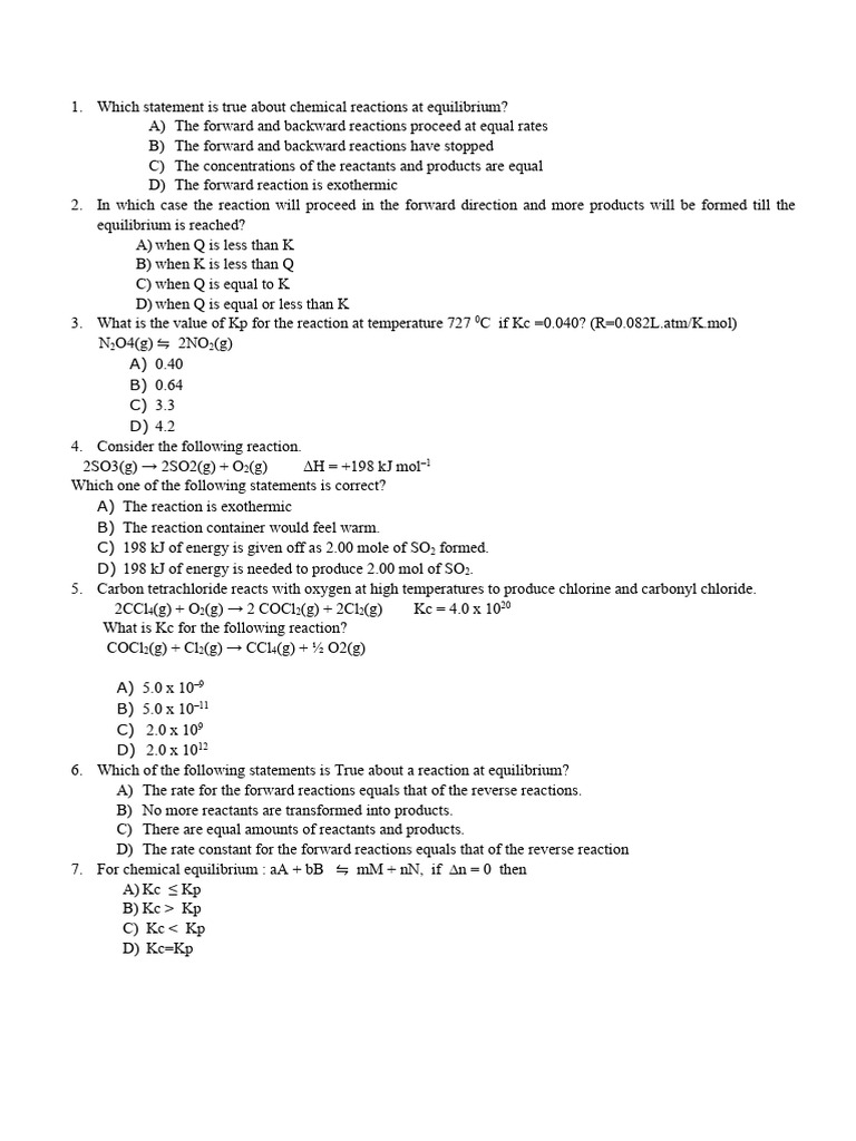 Grade 11 Unit 5 Review Questions 5 | PDF | Chemical Equilibrium ...