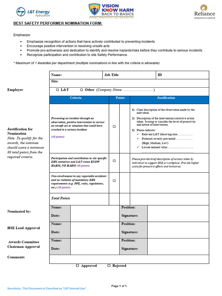 Best Safety Performer - L&T Safety Month Recognition | PDF | Safety ...
