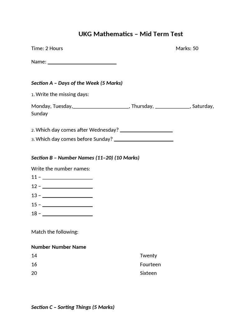 UKG Maths Mid Term Test | PDF