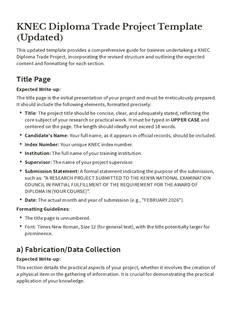 KNEC Diploma Trade Project Template (Updated) | PDF