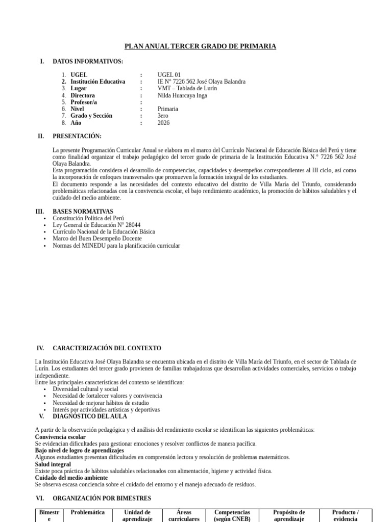 Plan Anual Tercer Grado de Primaria | PDF | Evaluación | Datos