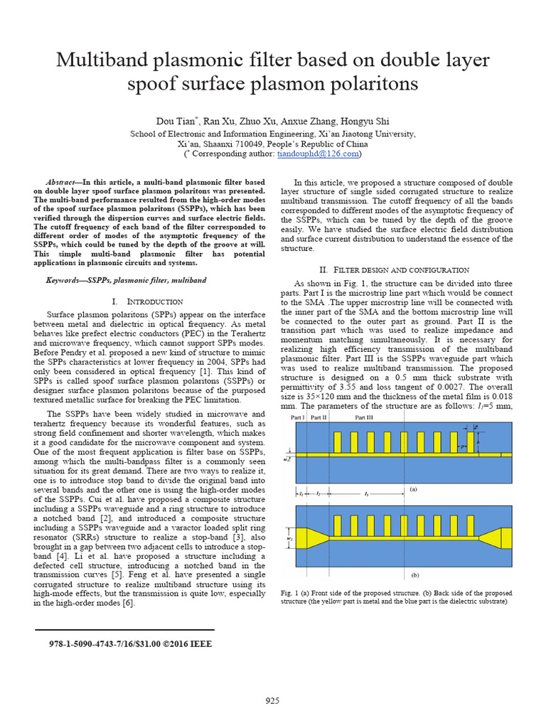 Multiband Plasmonic Filter Based On Double Layer Spoof Surface Plasmon ...