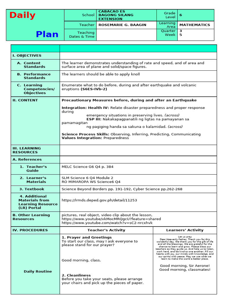 Lesson Plan-Earthquake Final Output 2 | PDF | Earthquakes | Geological ...