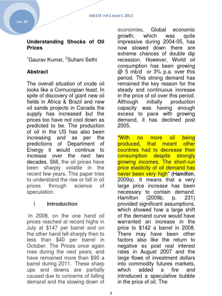 Understanding Shocks of Oil Prices IJASCSE Vol 1 Issue 1 2012 PDF