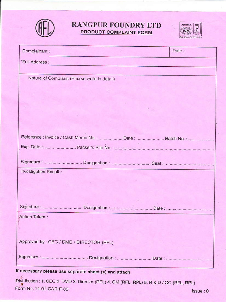 Product Compline Form (Red Form) | PDF