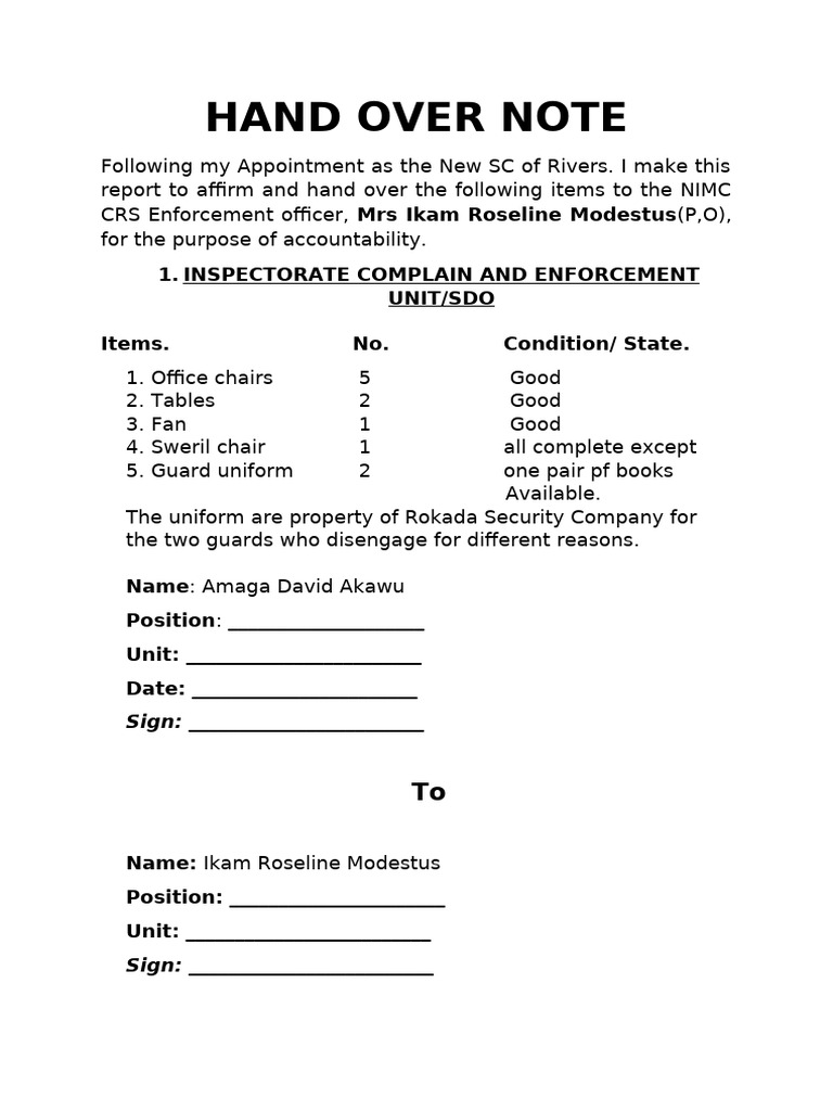Hand Over Note | PDF