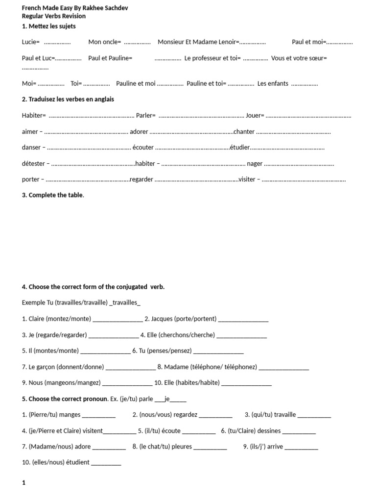 Verbs Exercises - Regular ER - Present Tense | PDF