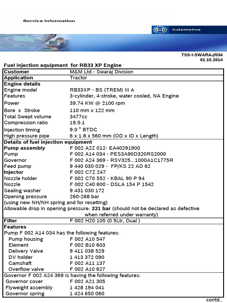 Fuel Injection Equipment For RB33 XP Engine Customer Application Engine ...